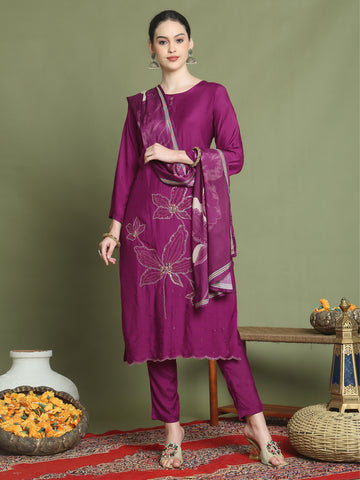 Stylee Lifestyle Magenta Muslin Embroidered Suit Set - Distacart