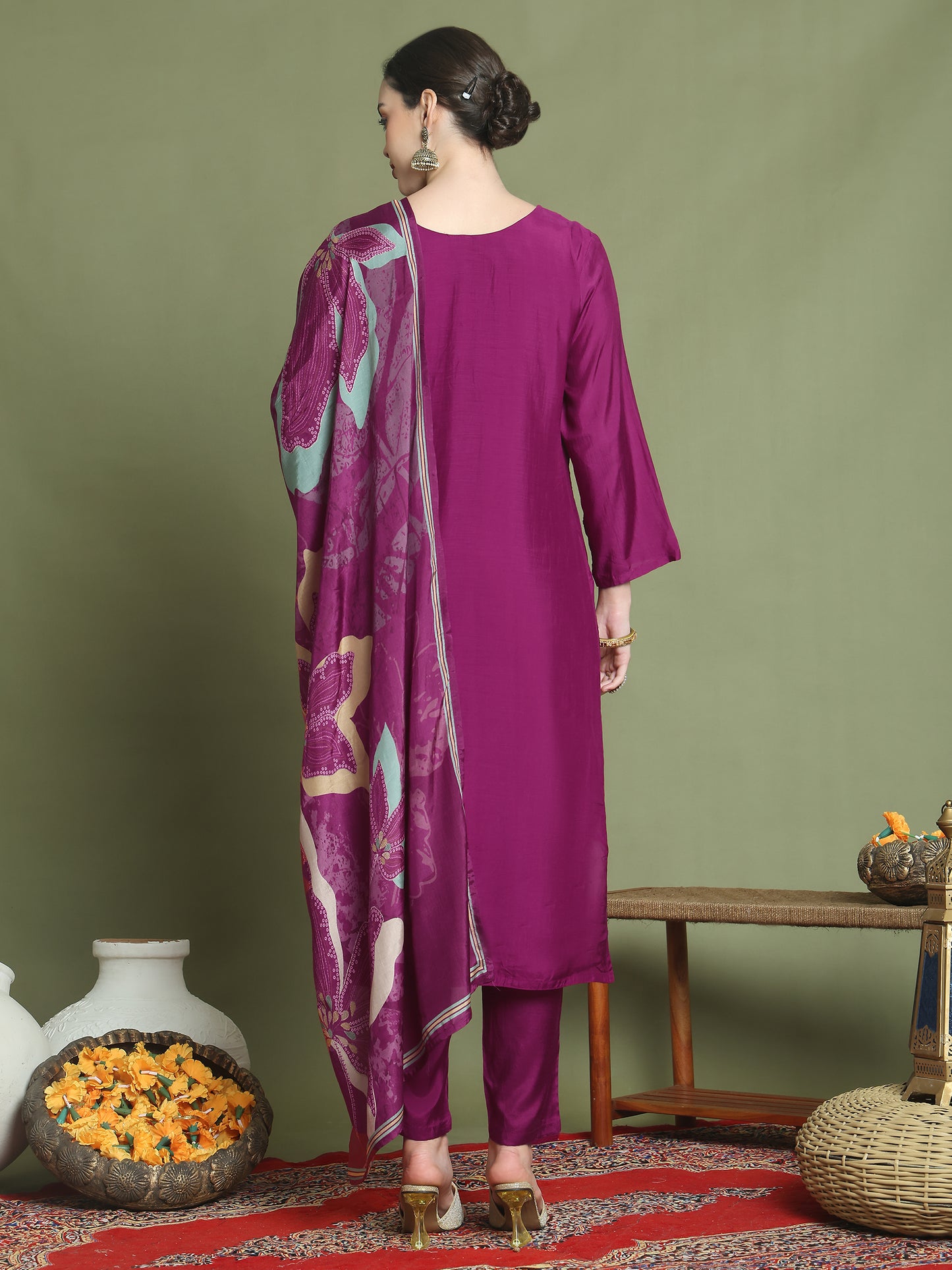 Stylee Lifestyle Magenta Muslin Embroidered Suit Set - Distacart