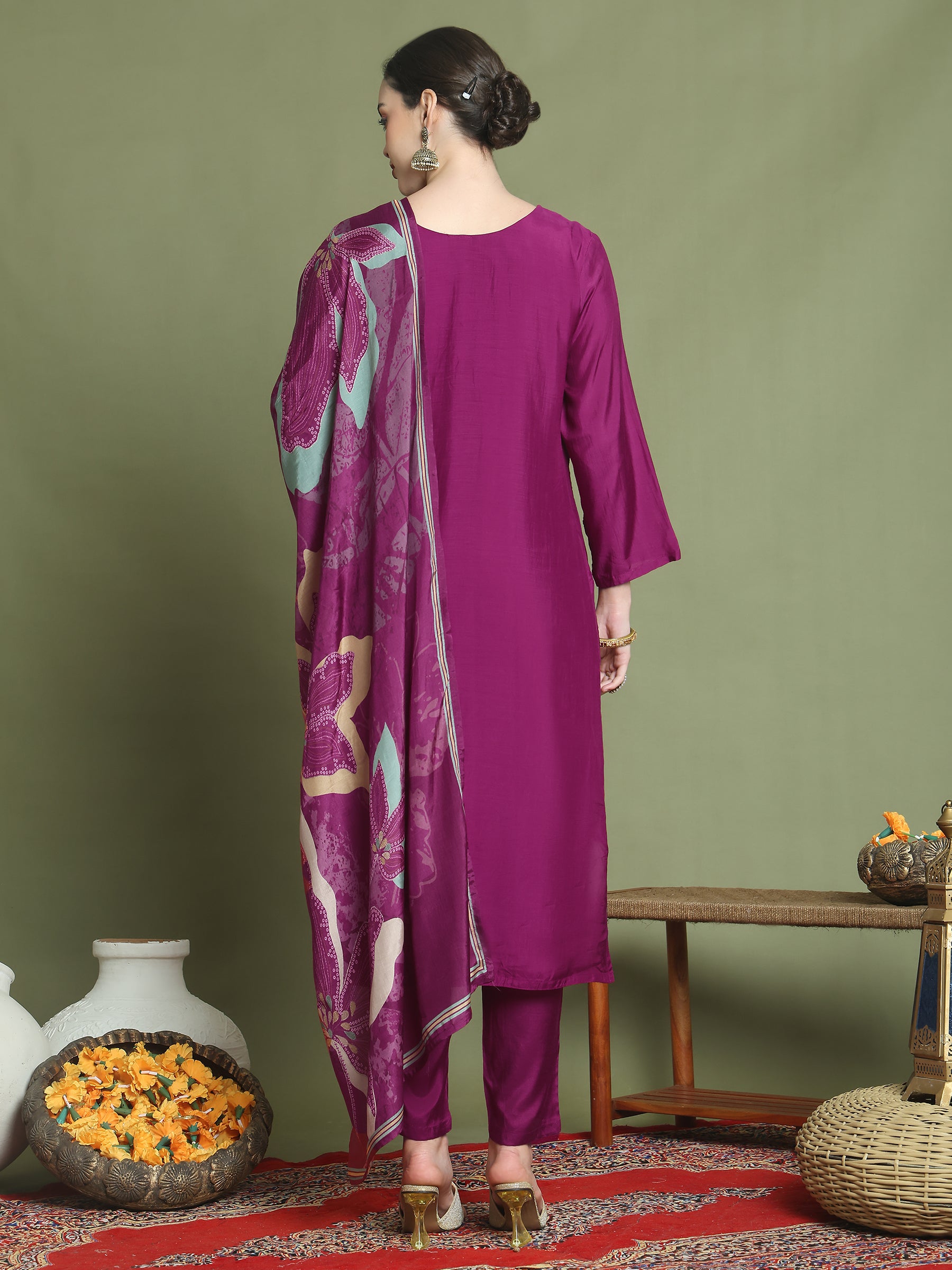 Stylee Lifestyle Magenta Muslin Embroidered Suit Set - Distacart