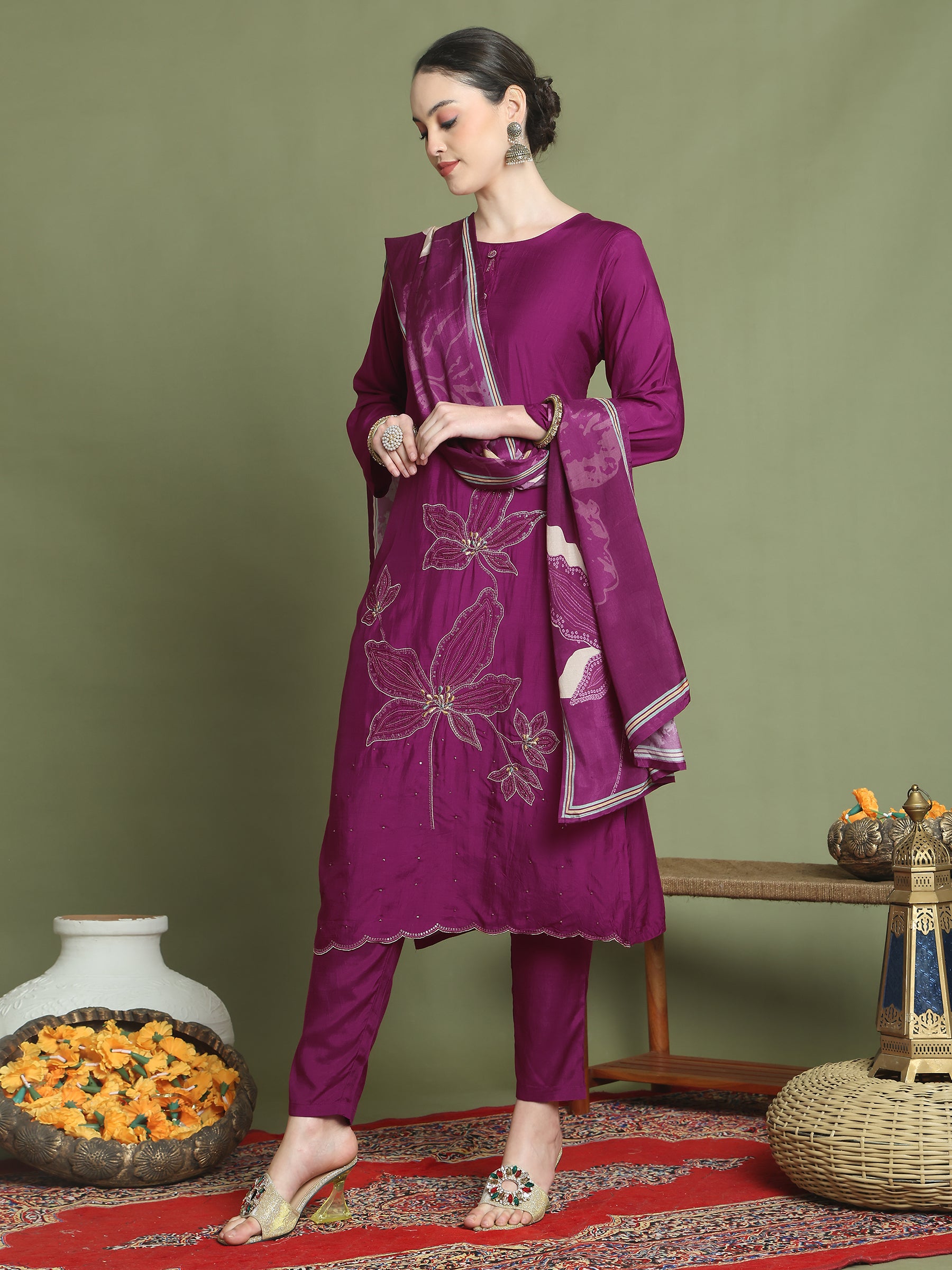 Stylee Lifestyle Magenta Muslin Embroidered Suit Set - Distacart