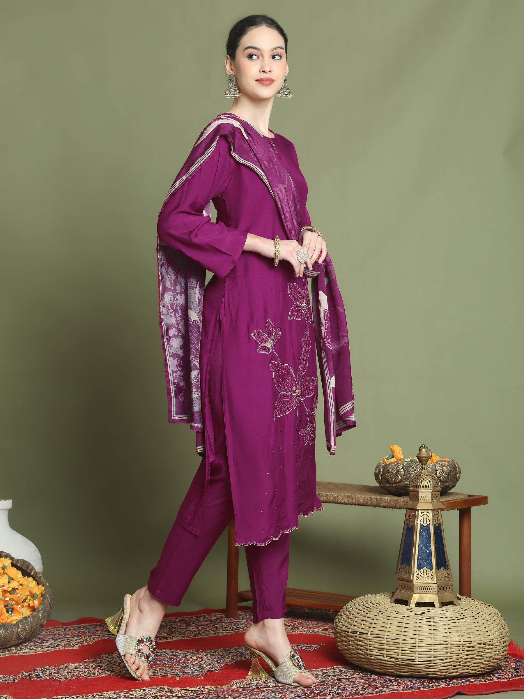 Stylee Lifestyle Magenta Muslin Embroidered Suit Set - Distacart