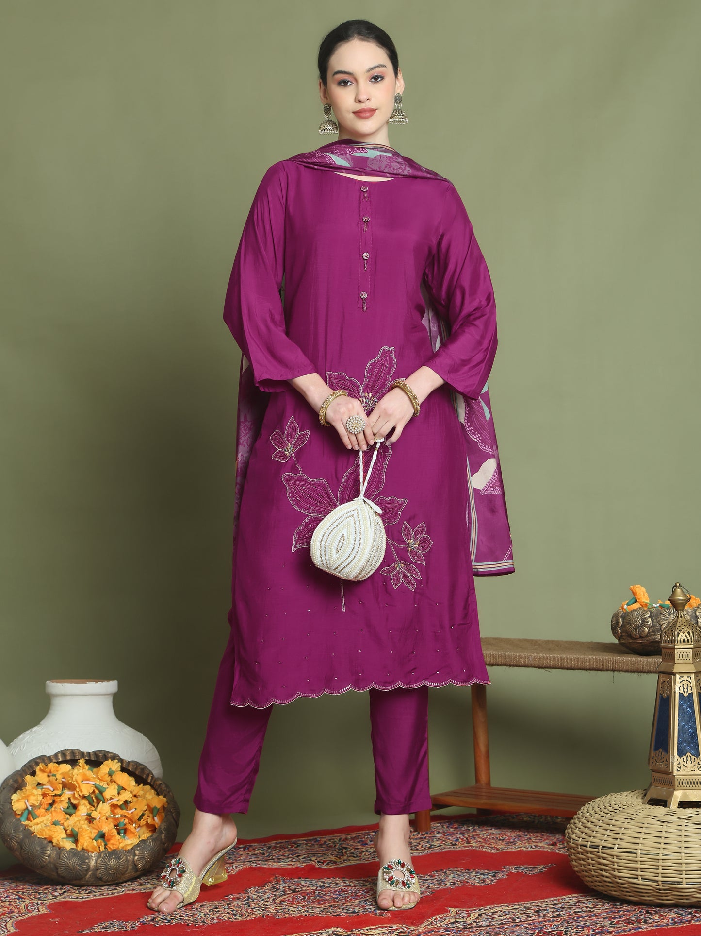 Stylee Lifestyle Magenta Muslin Embroidered Suit Set - Distacart