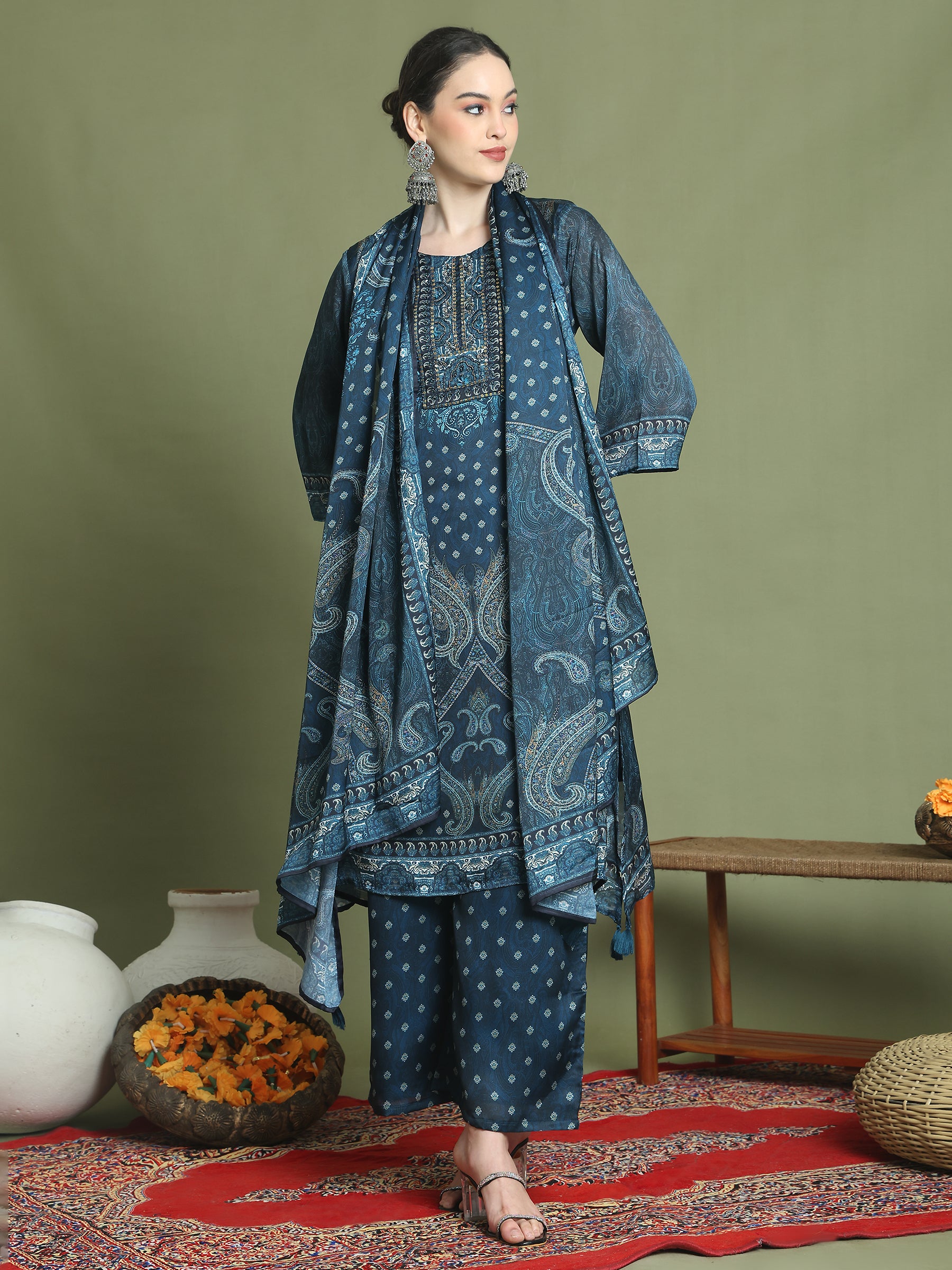 Stylee Lifestyle Navy Blue Satin Embroidered Suit Set - Distacart