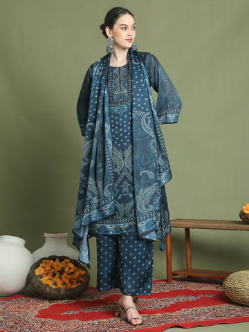 Stylee Lifestyle Navy Blue Satin Embroidered Suit Set - Distacart