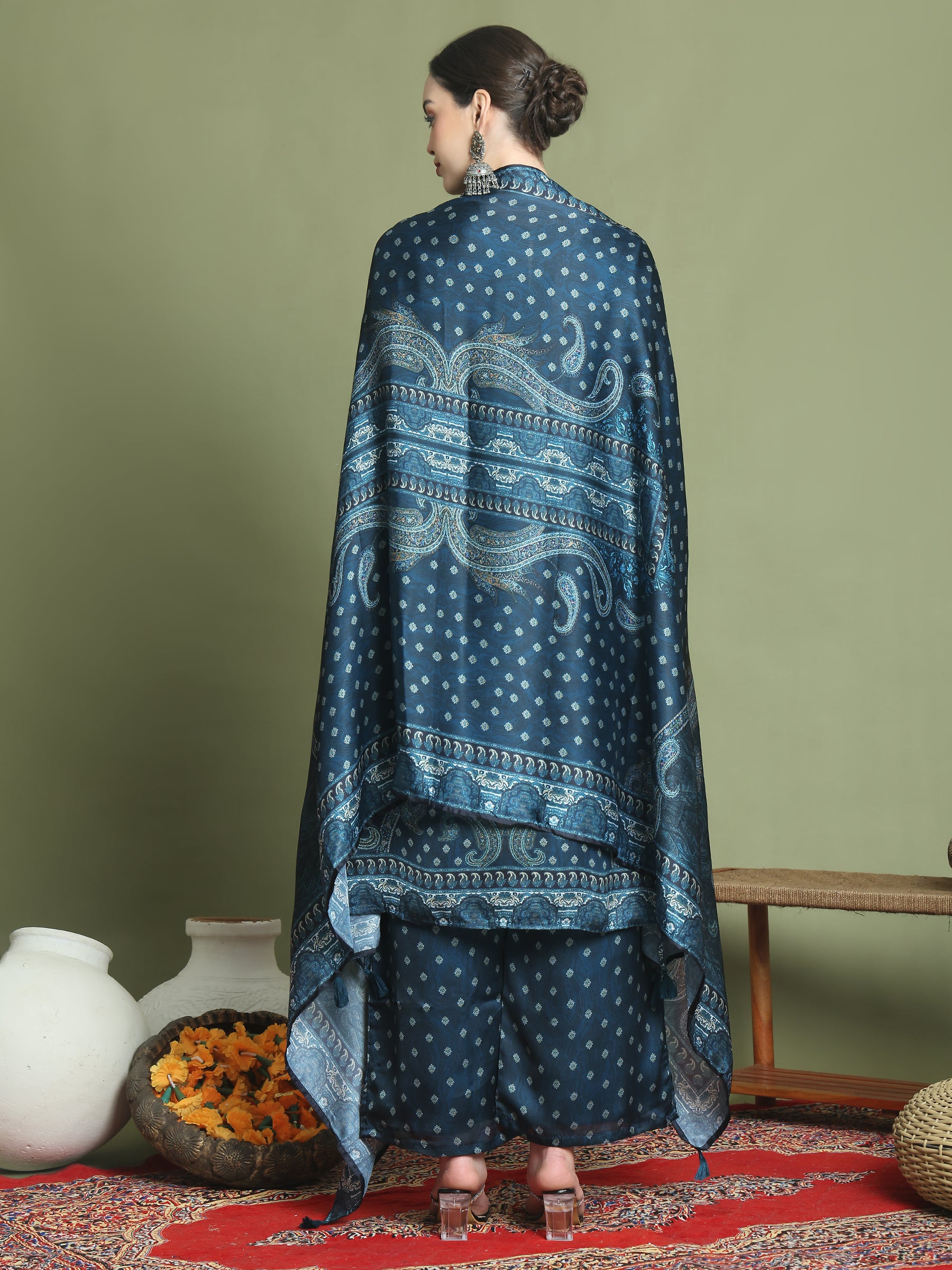 Stylee Lifestyle Navy Blue Satin Embroidered Suit Set - Distacart