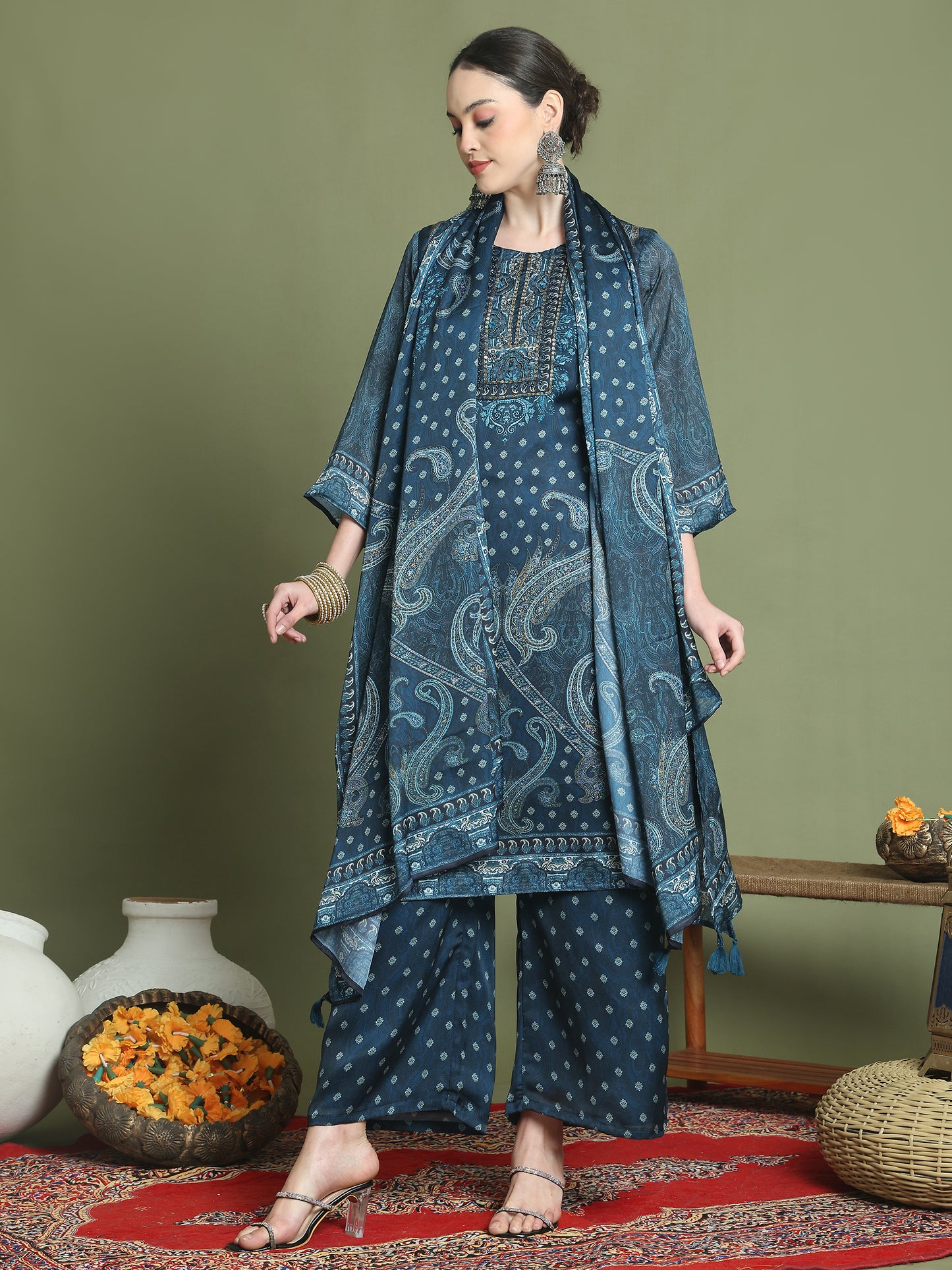 Stylee Lifestyle Navy Blue Satin Embroidered Suit Set - Distacart