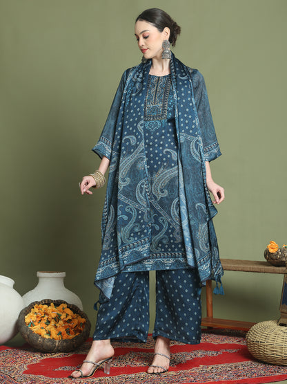 Stylee Lifestyle Navy Blue Satin Embroidered Suit Set - Distacart
