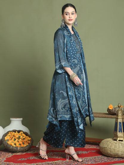 Stylee Lifestyle Navy Blue Satin Embroidered Suit Set - Distacart