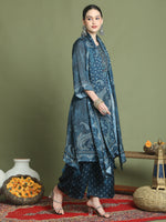 Thumbnail for Stylee Lifestyle Navy Blue Satin Embroidered Suit Set - Distacart