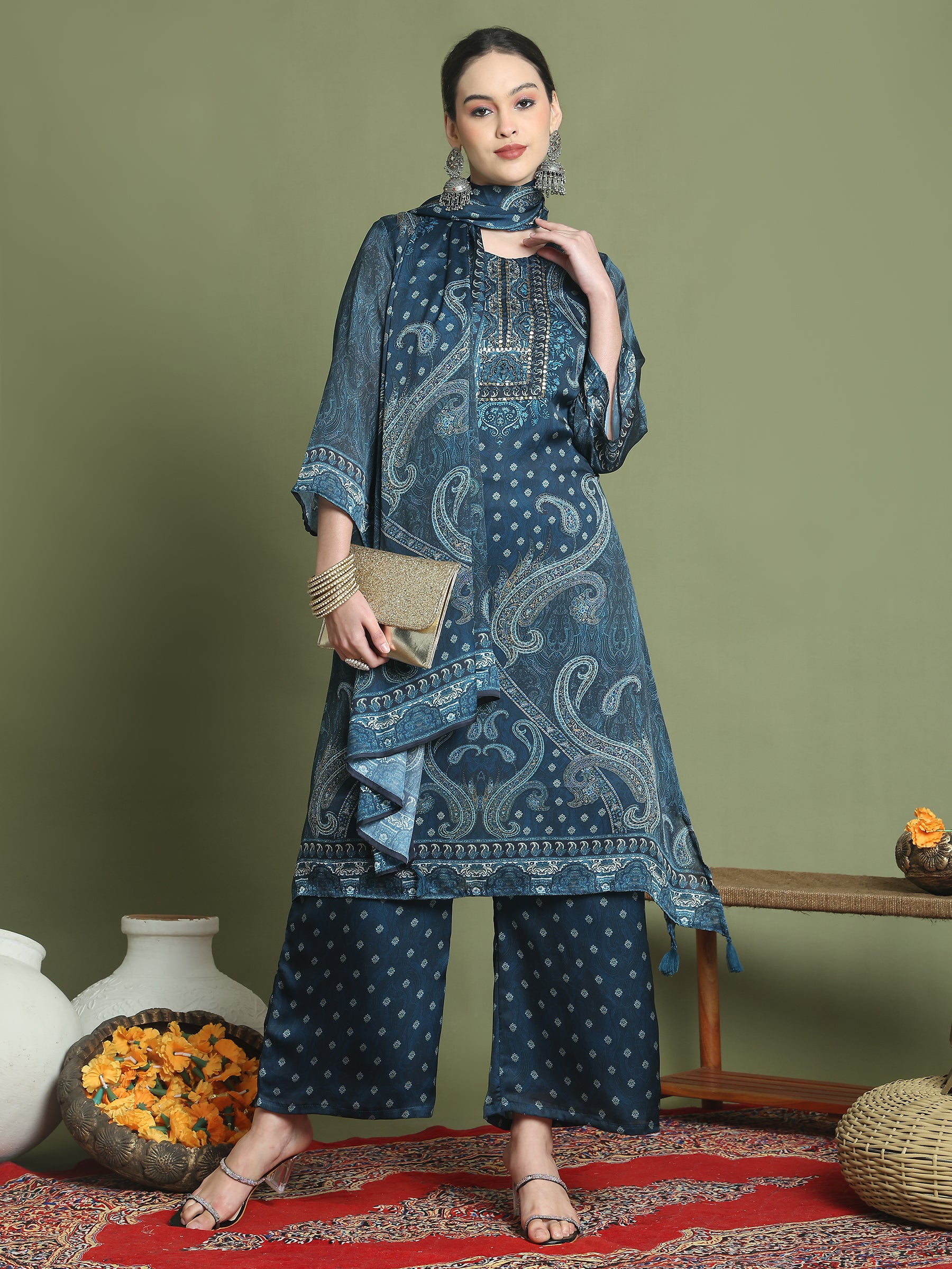 Stylee Lifestyle Navy Blue Satin Embroidered Suit Set - Distacart