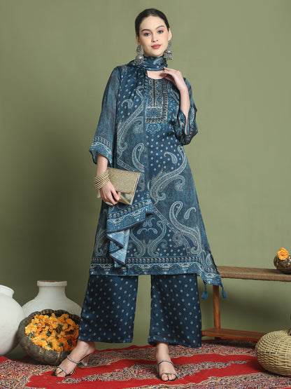 Stylee Lifestyle Navy Blue Satin Embroidered Suit Set - Distacart