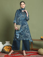 Thumbnail for Stylee Lifestyle Navy Blue Satin Embroidered Suit Set - Distacart