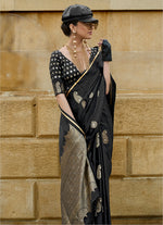 Thumbnail for Monjolika Fashion Black Colour Satin Handloom Silk Festival Saree - Distacart