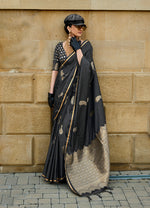 Thumbnail for Monjolika Fashion Black Colour Satin Handloom Silk Festival Saree - Distacart