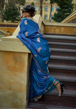 Thumbnail for Monjolika Fashion Dark Blue Colour Satin Handloom Silk Festival Saree