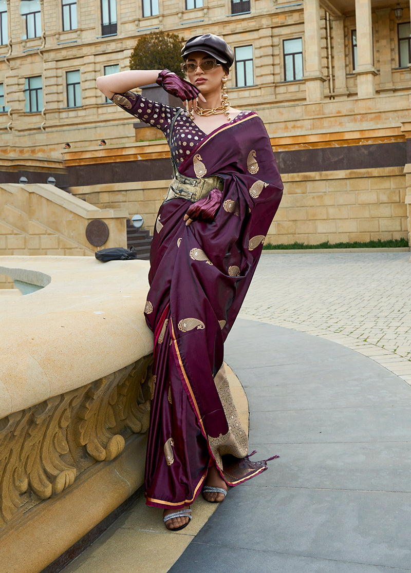 Monjolika Fashion Dark Wine Colour Satin Handloom Silk Festival Saree - Distacart