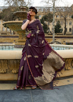 Thumbnail for Monjolika Fashion Dark Wine Colour Satin Handloom Silk Festival Saree - Distacart