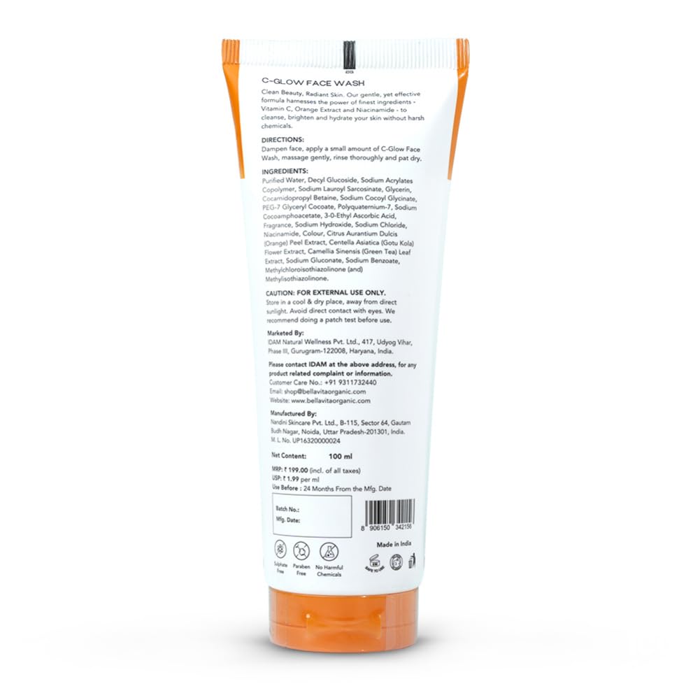 Bella Vita C-Glow Vitamin C Face Wash Brightening Formula for Men and Women,100 ml - Distacart