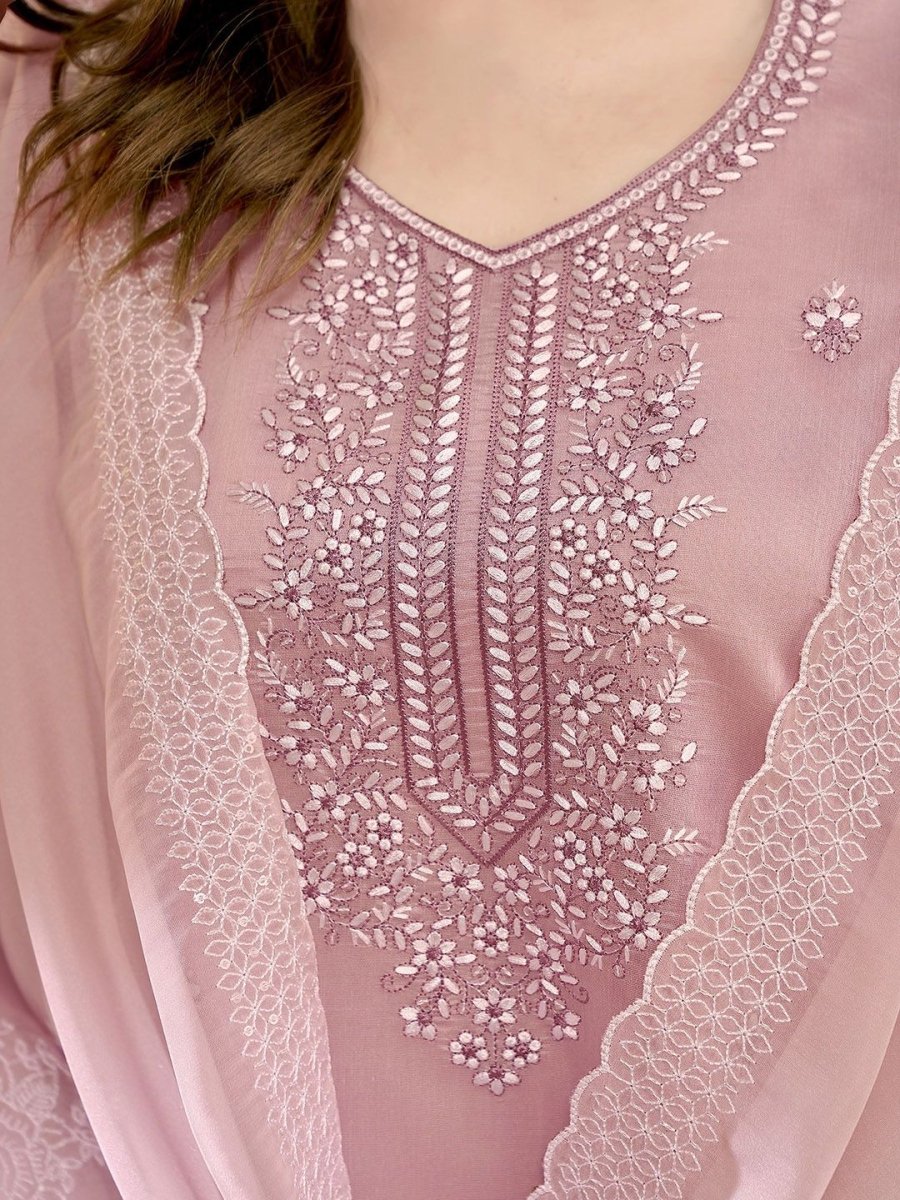Anouk Pink Ethnic Motifs Embroidered Thread Work Straight Kurta With Trousers &Dupatta