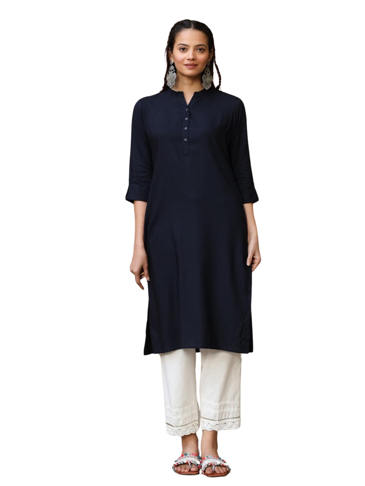 Juniper Women's Navy Blue Solid Modal Rayon Straight Kurta With Half Placket At Front - Distacart