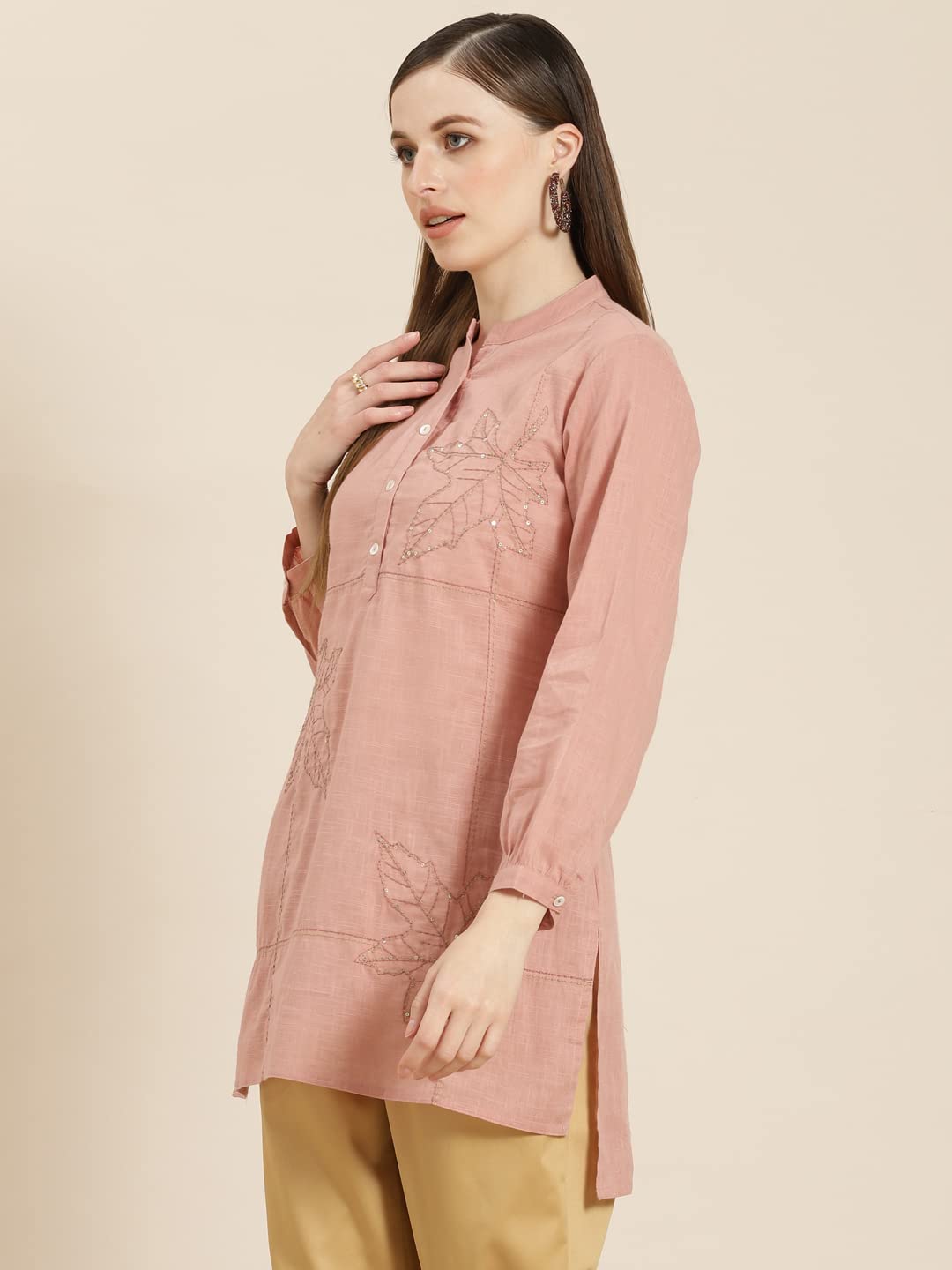 Juniper Women's Peach Embroidered Cotton Slub High-Low Tunic - Distacart
