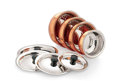 Dynore Stainless Steel Copper Plated Hammered Finish Handi Set with SS lid- Set of 4 - Dista