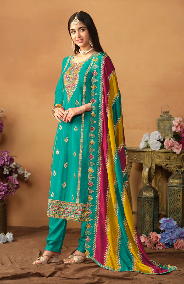 Monjolika Fashion Faux Georgette Embroidered Trendy Salwar Suit In Turquoise