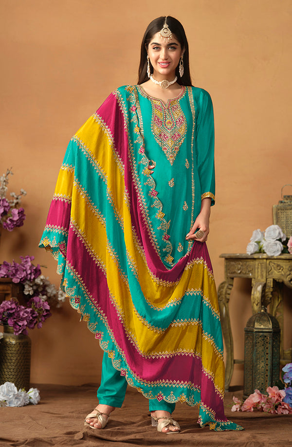 Monjolika Fashion Faux Georgette Embroidered Trendy Salwar Suit In Turquoise