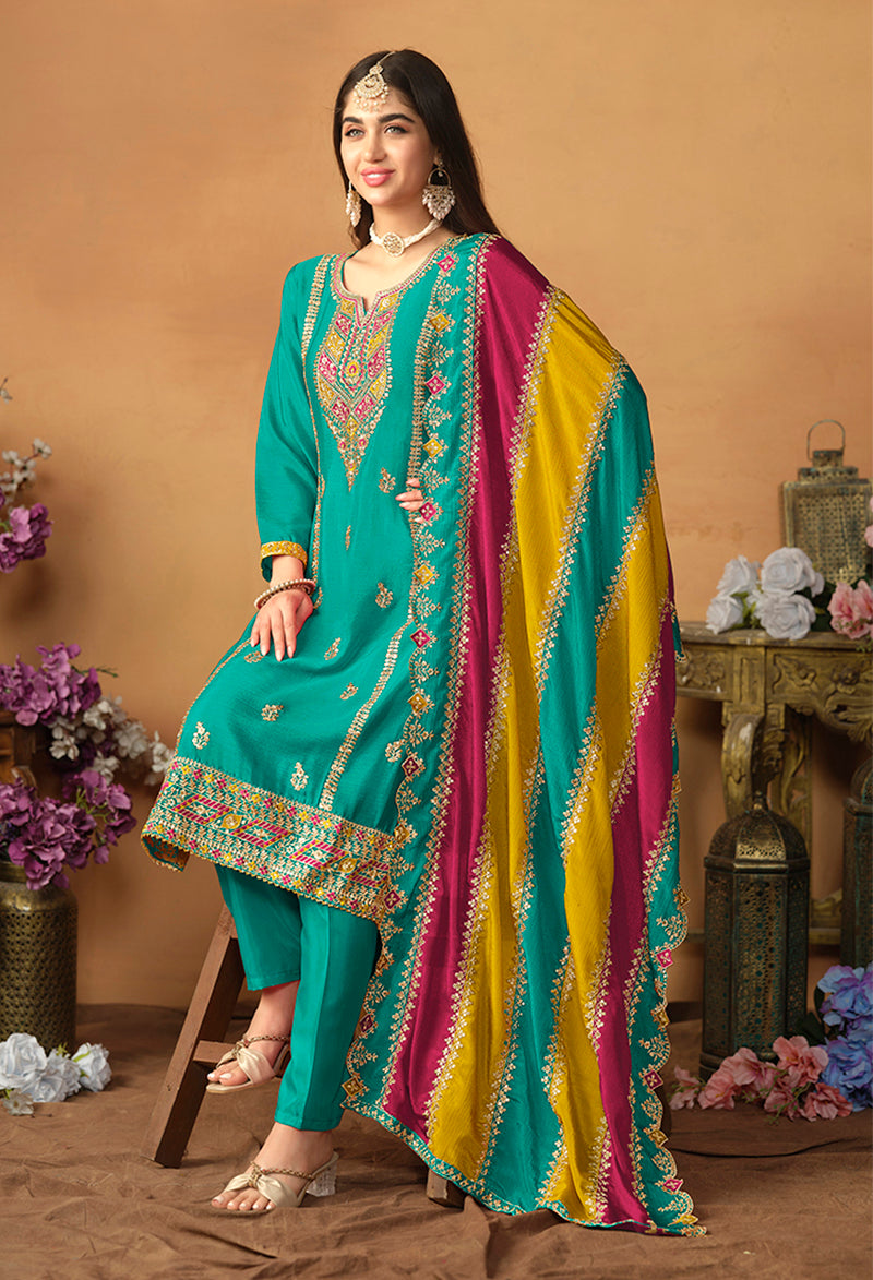 Monjolika Fashion Faux Georgette Embroidered Trendy Salwar Suit In Turquoise