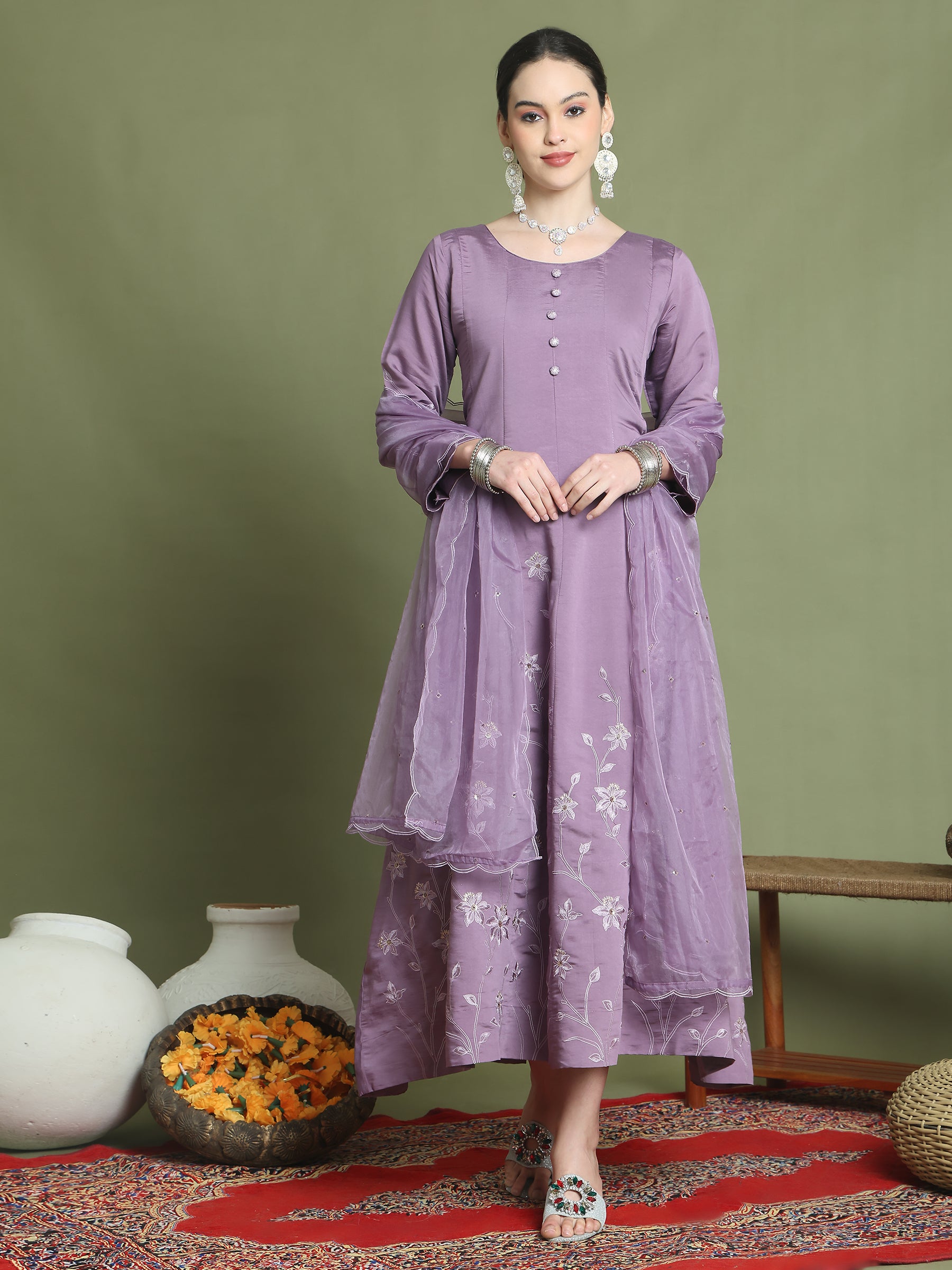 Stylee Lifestyle Purple Muslin Embroidered Gown Style
