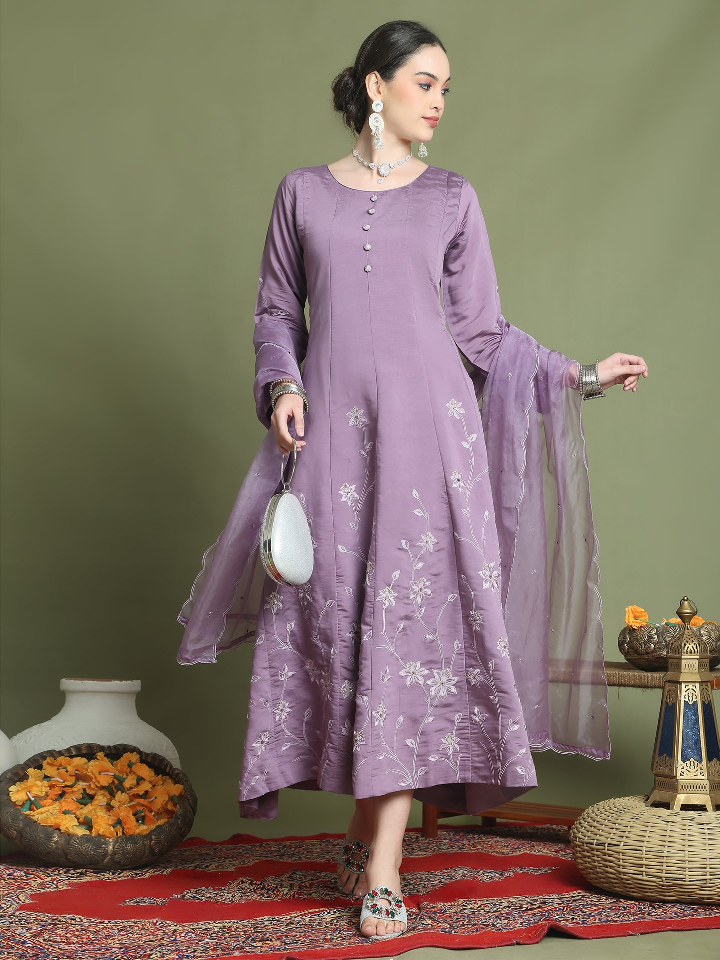 Stylee Lifestyle Purple Muslin Embroidered Gown Style - Distacart