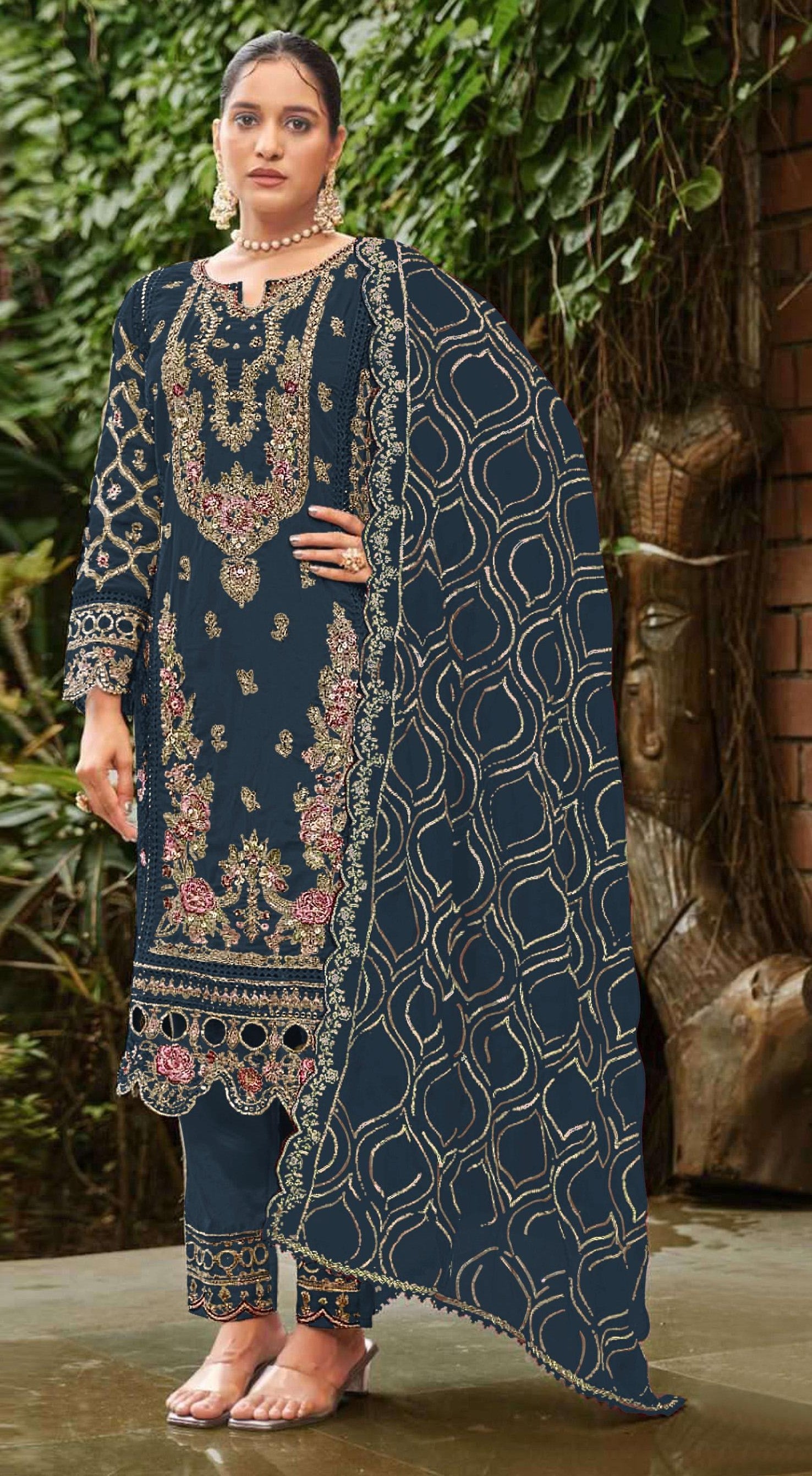 Anaita Navy Faux Georgette Suit with Embroidery & Sequence Work - Distacart