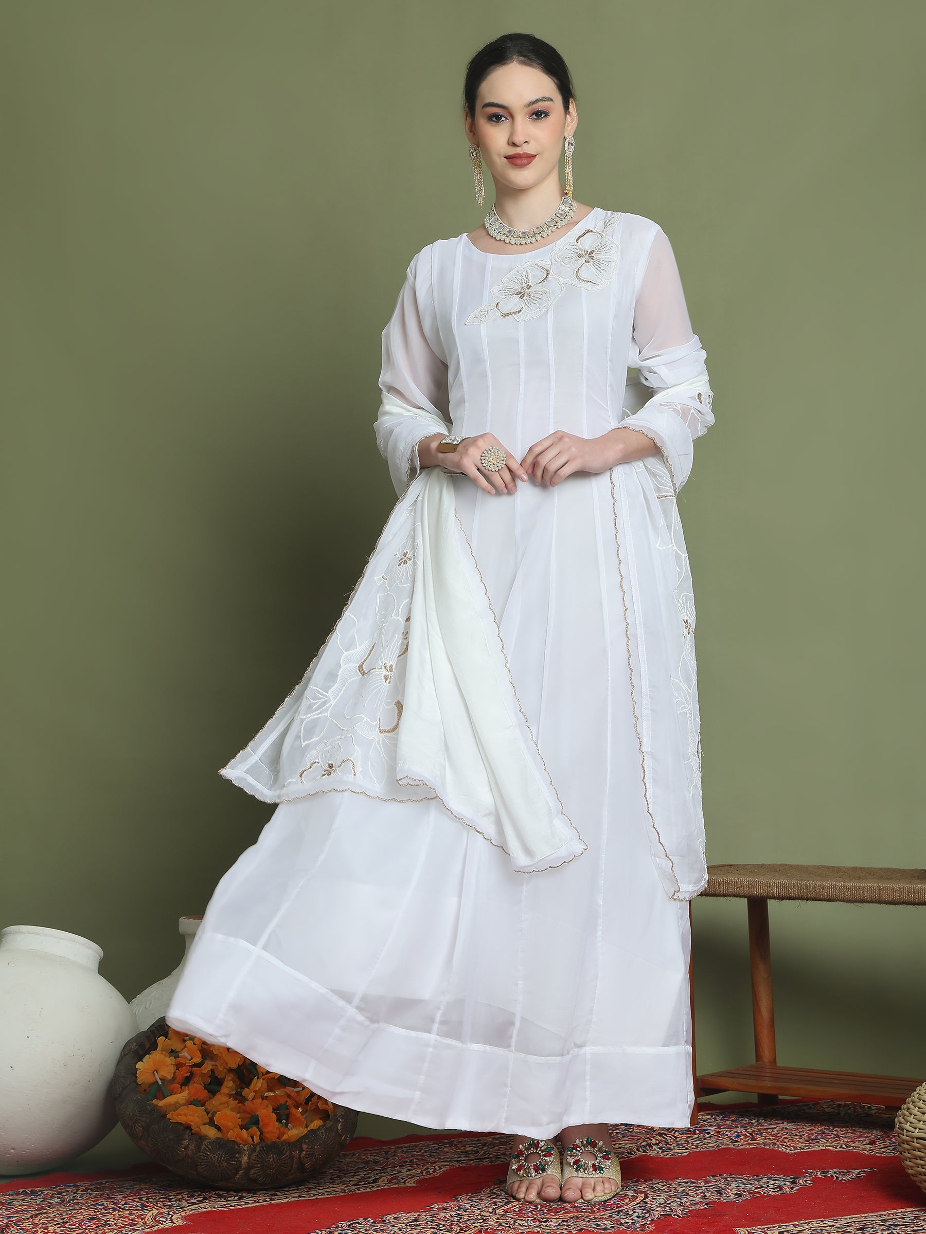 Stylee Lifestyle Off White Organza Embroidered Gown Style