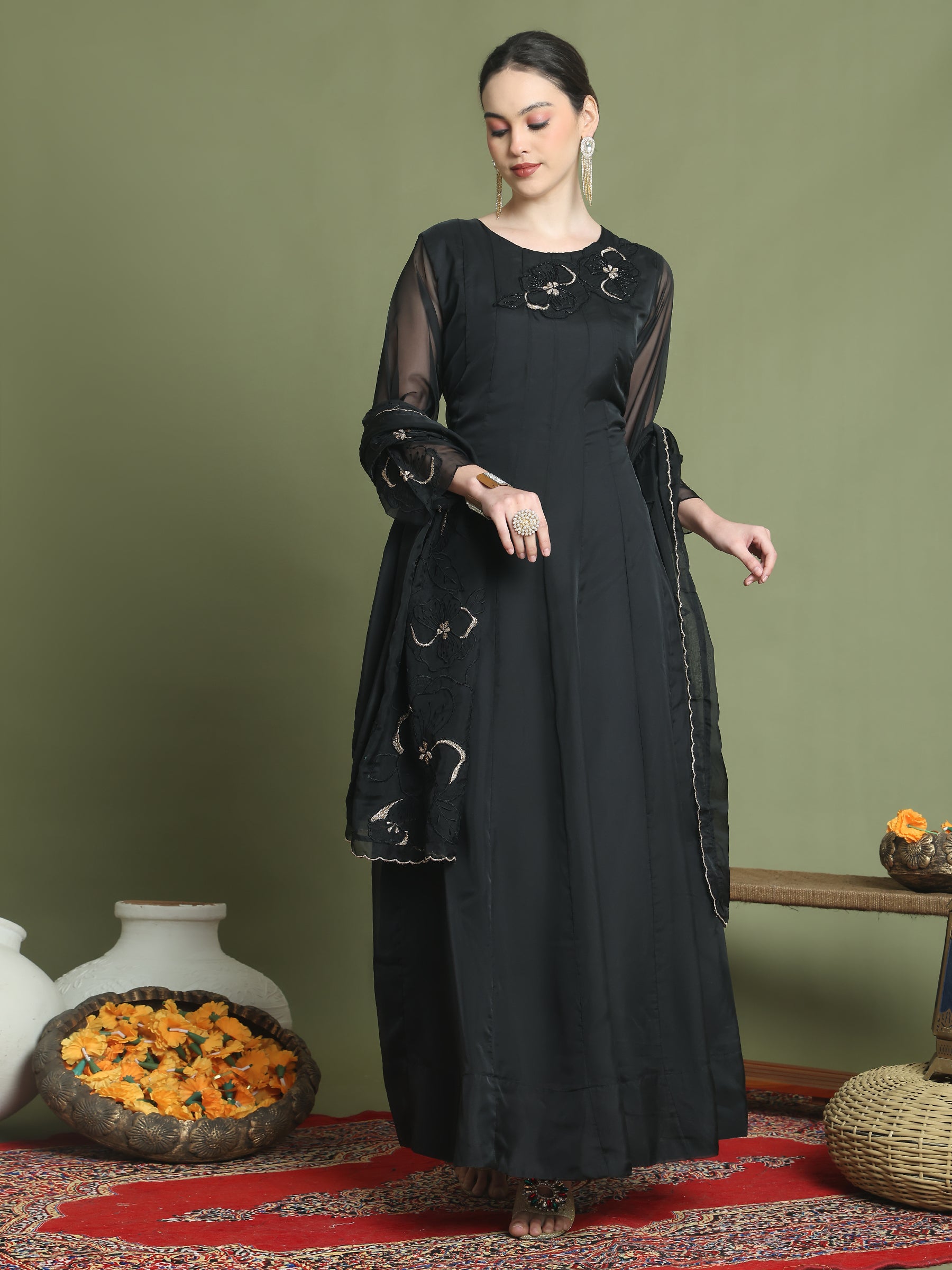 Stylee Lifestyle Black Organza Embroidered Gown Style - Distacart