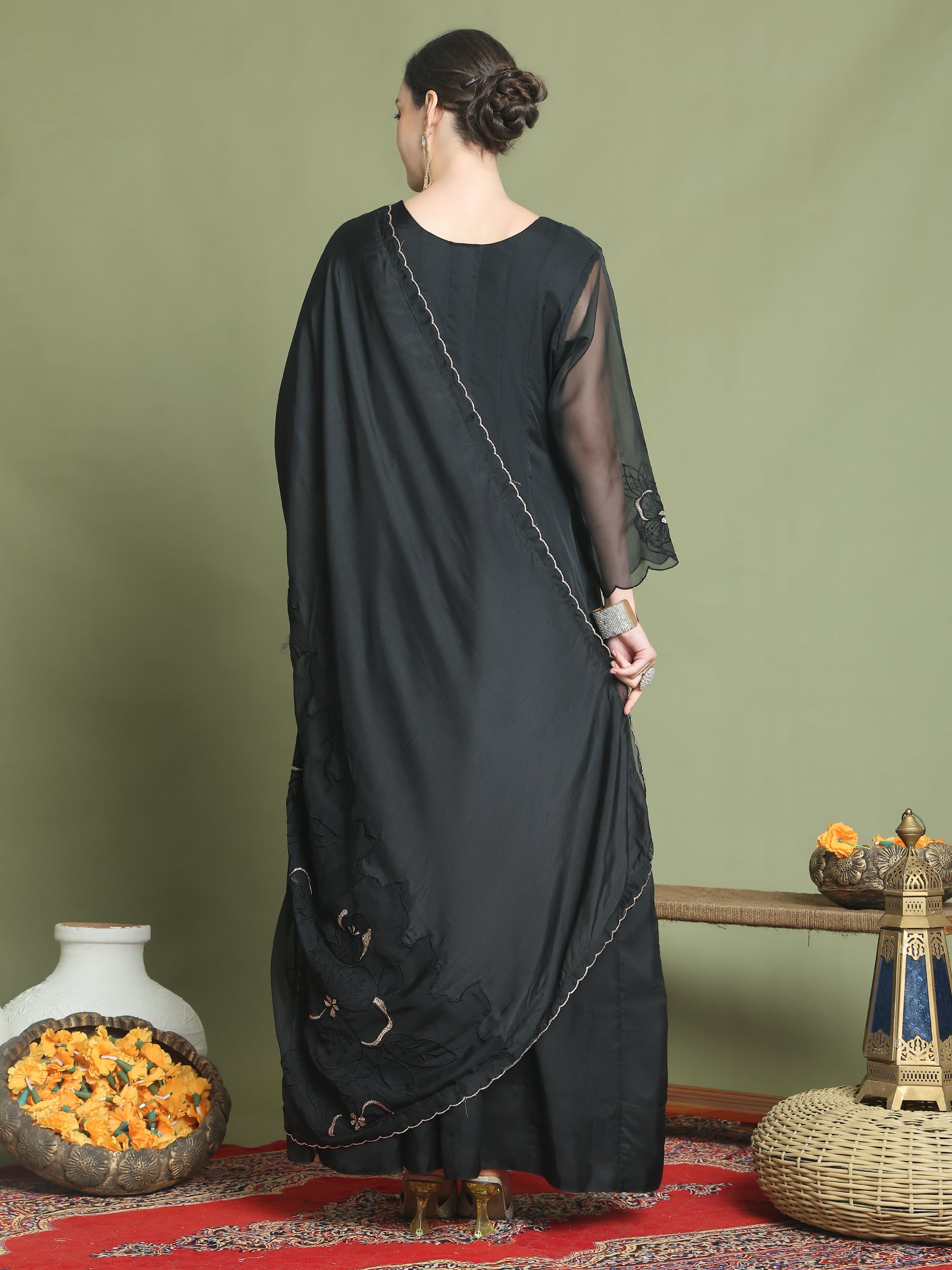 Stylee Lifestyle Black Organza Embroidered Gown Style
