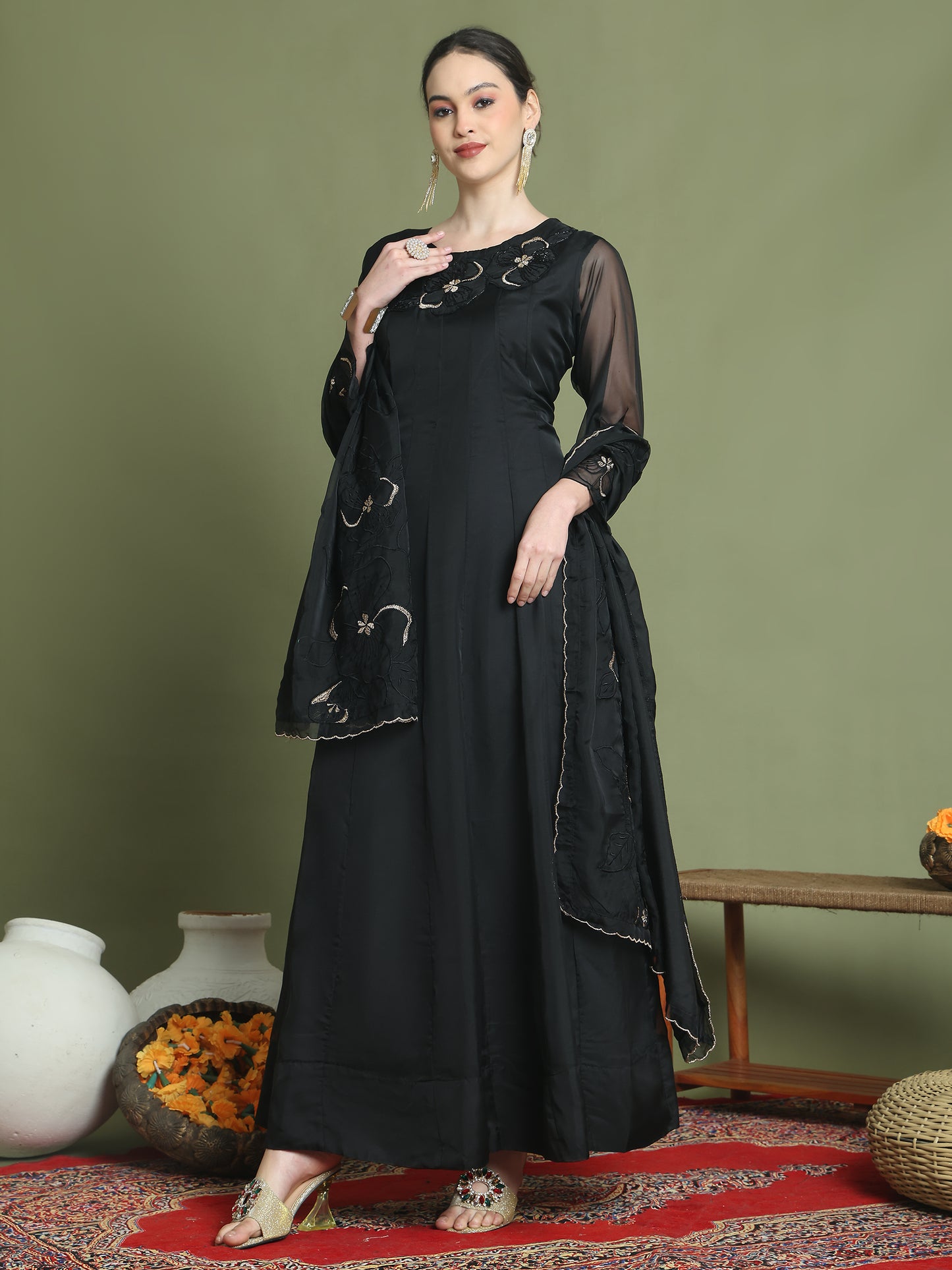 Stylee Lifestyle Black Organza Embroidered Gown Style - Distacart