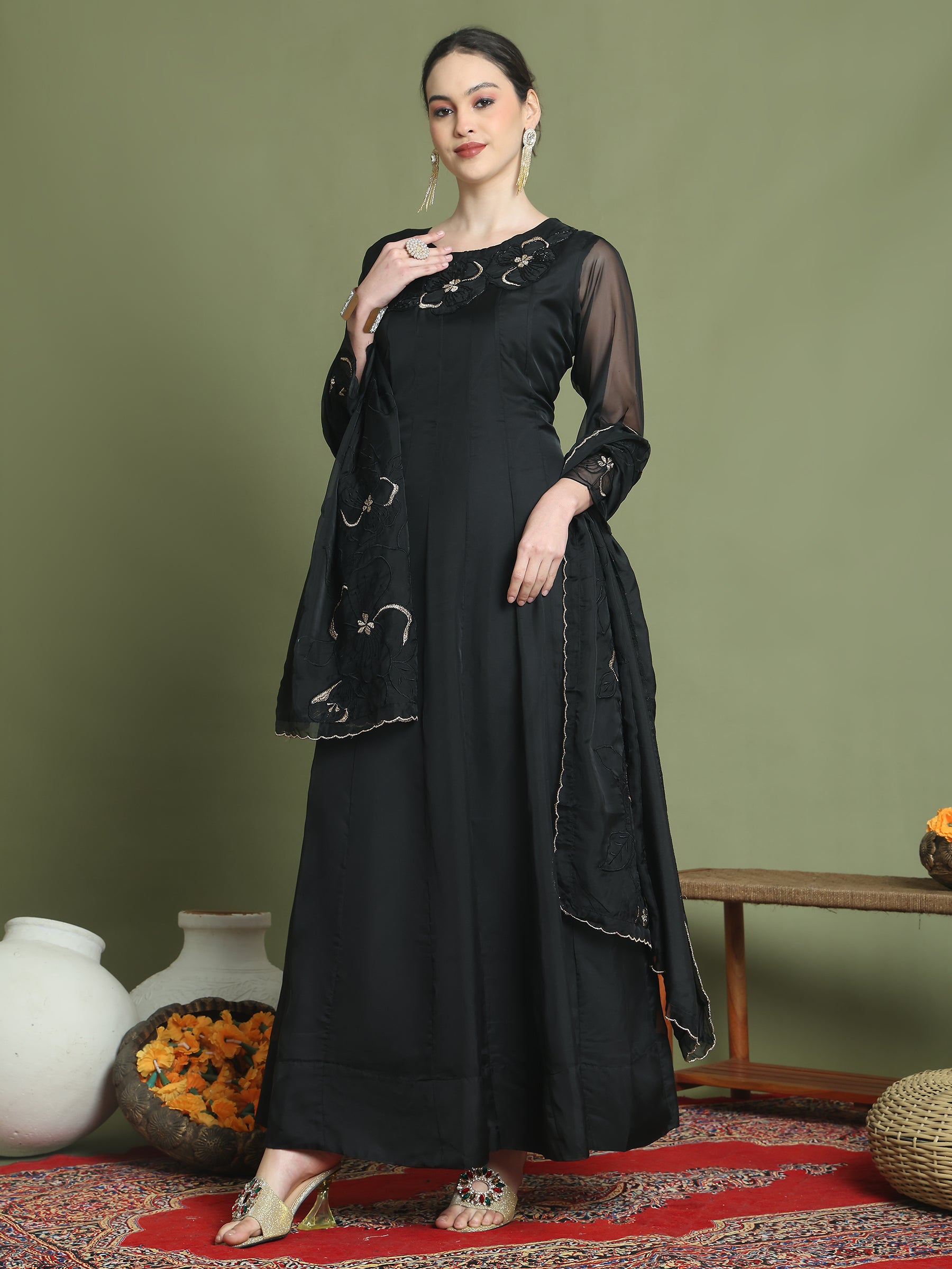 Stylee Lifestyle Black Organza Embroidered Gown Style - Distacart