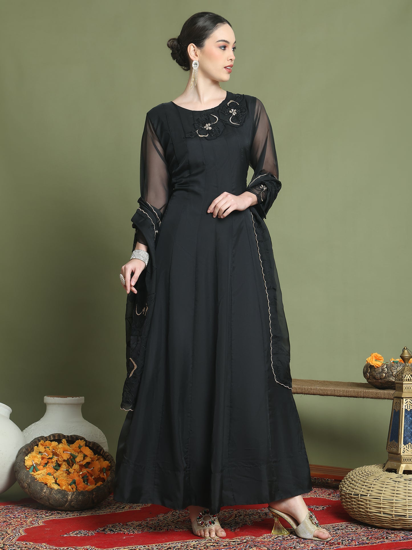 Stylee Lifestyle Black Organza Embroidered Gown Style - Distacart