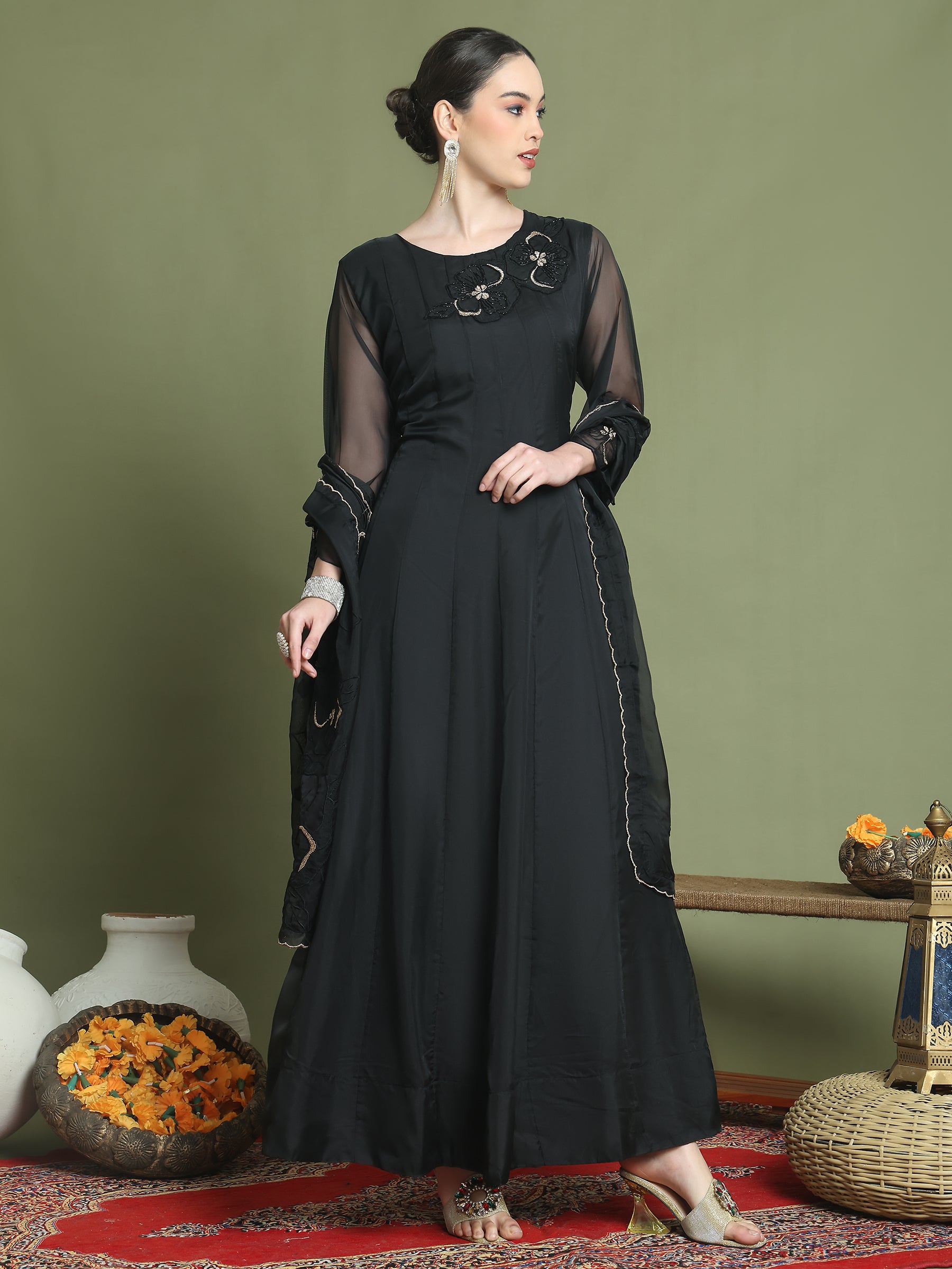 Stylee Lifestyle Black Organza Embroidered Gown Style - Distacart