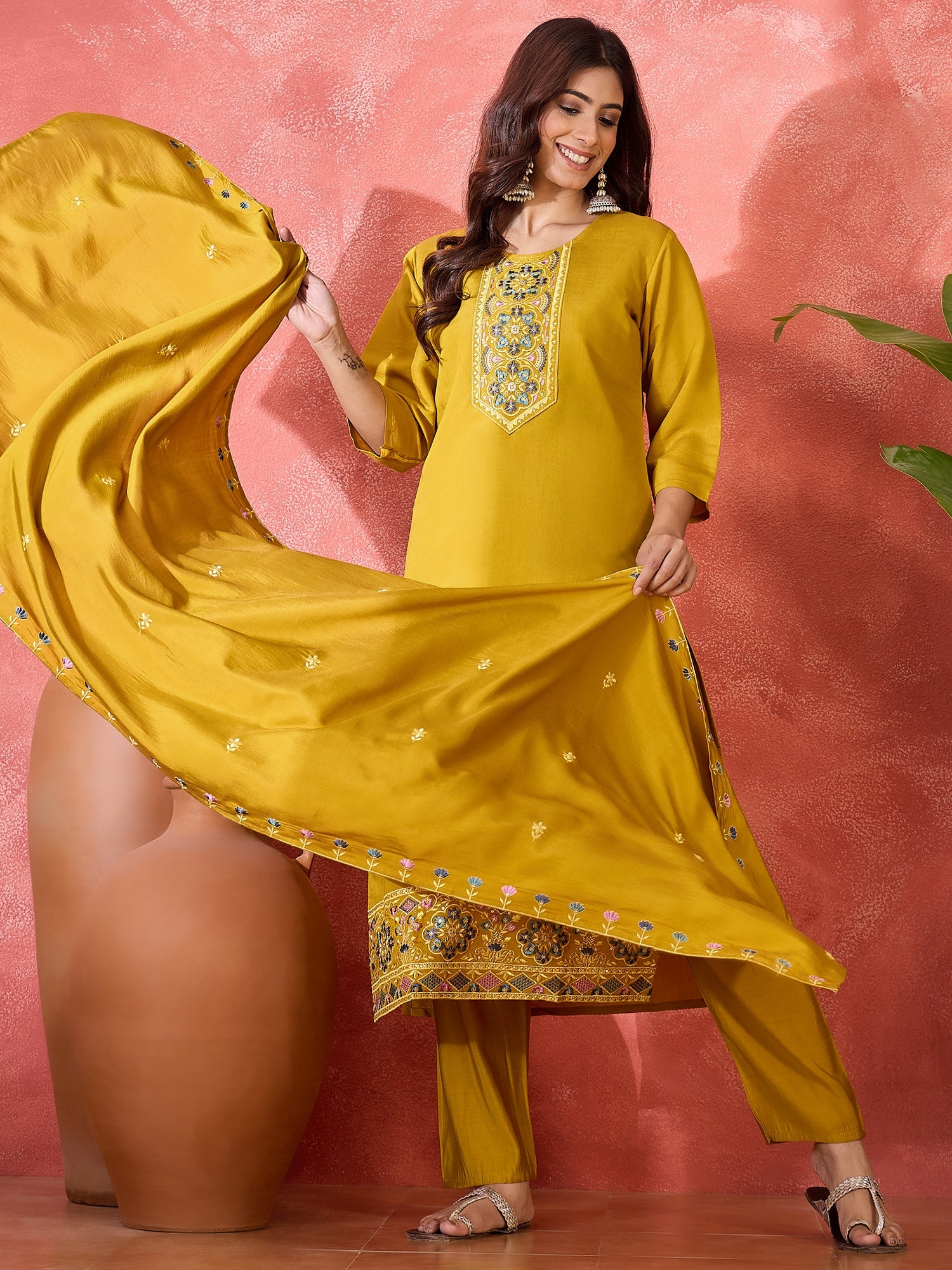 Joban Fashion Mustard Silk Embroidery Readymade Kurta Set - Distacart