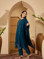 Thumbnail for Joban Fashion Teal Silk Embroidery Readymade Kurta Set - Distacart