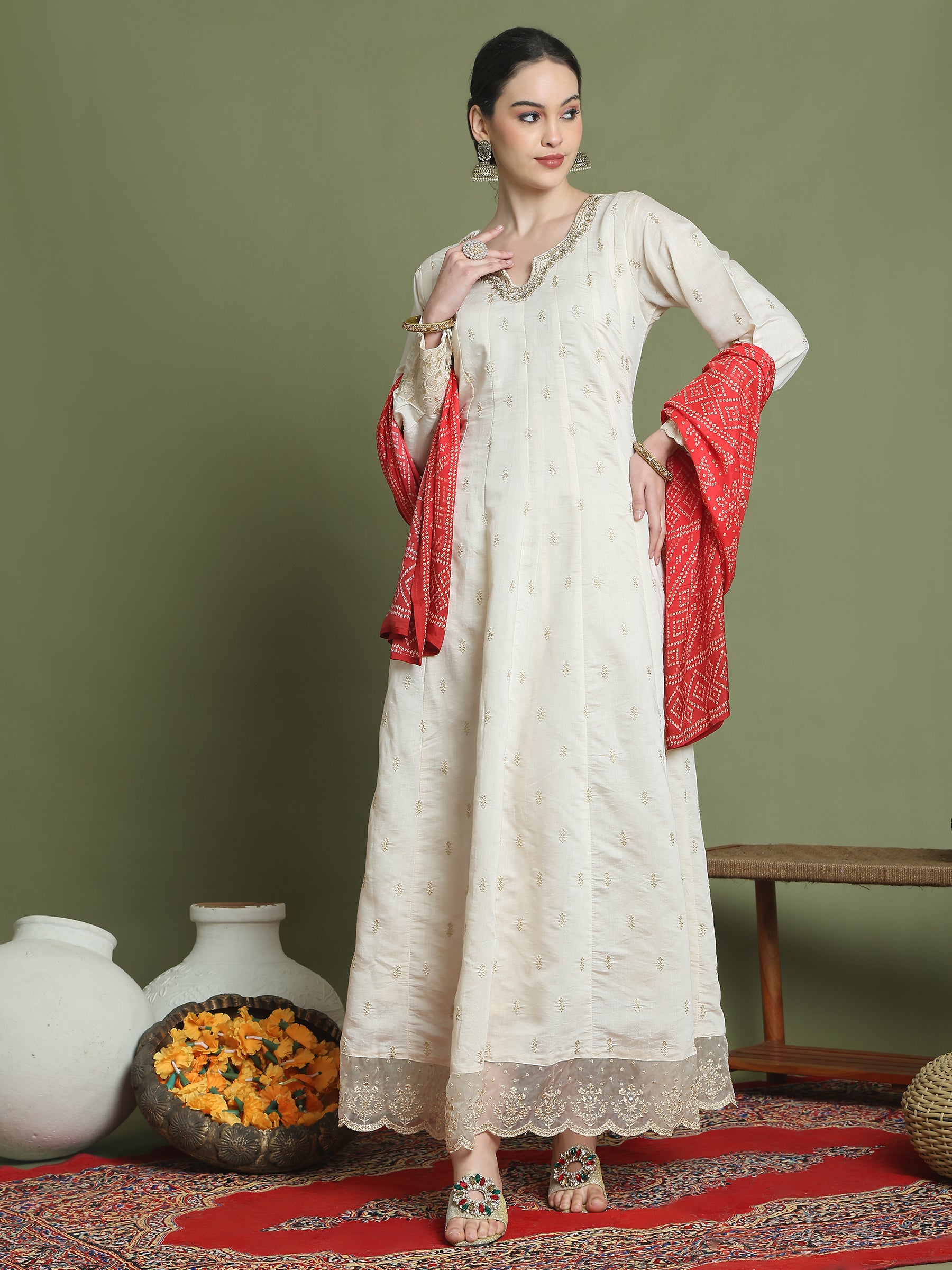 Stylee Lifestyle Cream Raw Silk Embroidered Gown Style