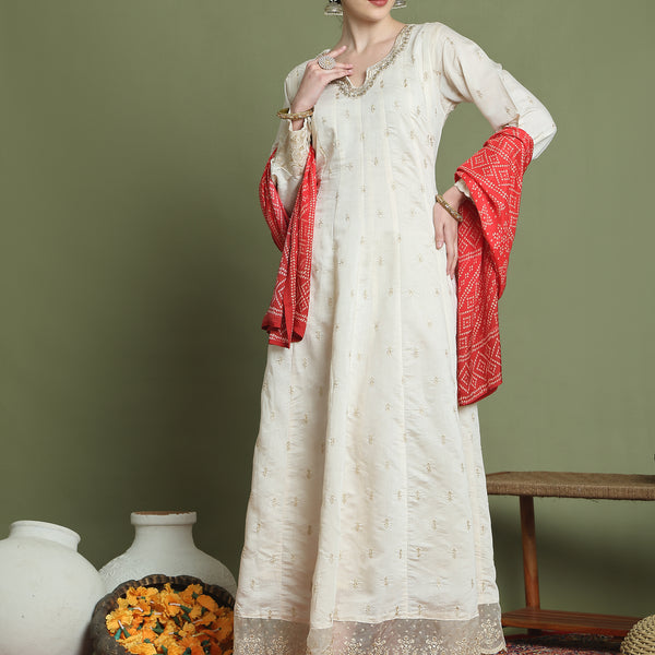 Stylee Lifestyle Cream Raw Silk Embroidered Gown Style