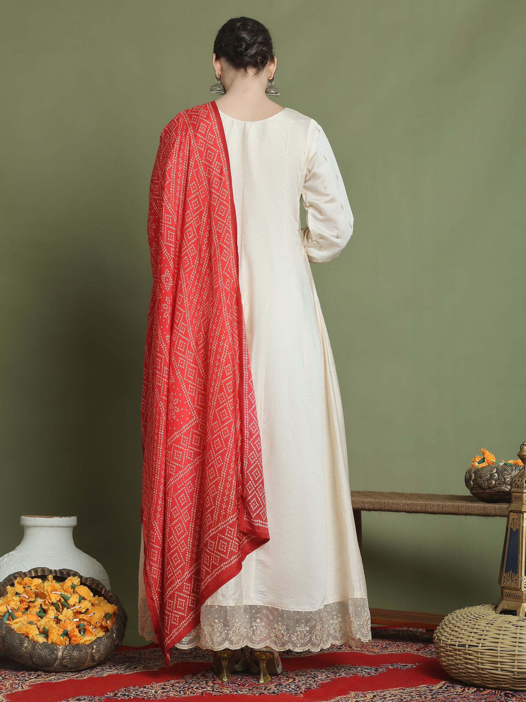 Stylee Lifestyle Cream Raw Silk Embroidered Gown Style