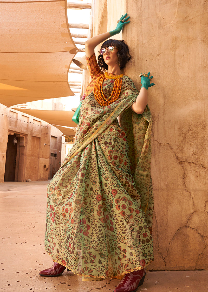Monjolika Fashion Stunning Light Green Colour Printed Tissue Designer Saree