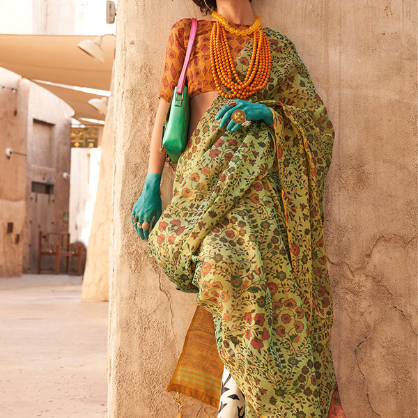 Monjolika Fashion Stunning Light Green Colour Printed Tissue Designer Saree - Distacart