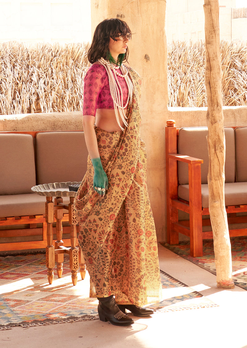 Monjolika Fashion Stunning Mustard Colour Printed Tissue Designer Saree