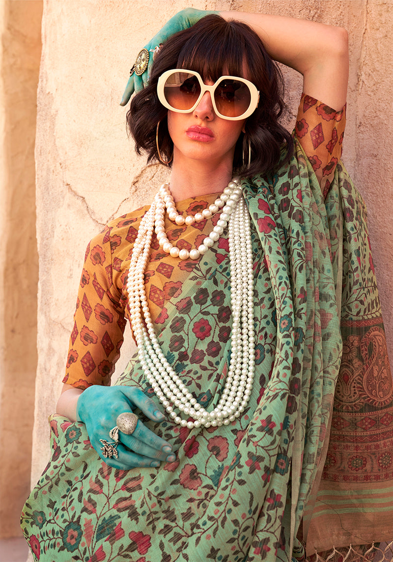 Monjolika Fashion Stunning Sea Green Colour Printed Tissue Designer Saree