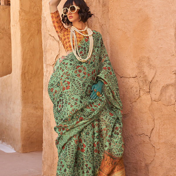 Monjolika Fashion Stunning Sea Green Colour Printed Tissue Designer Saree - Distacart