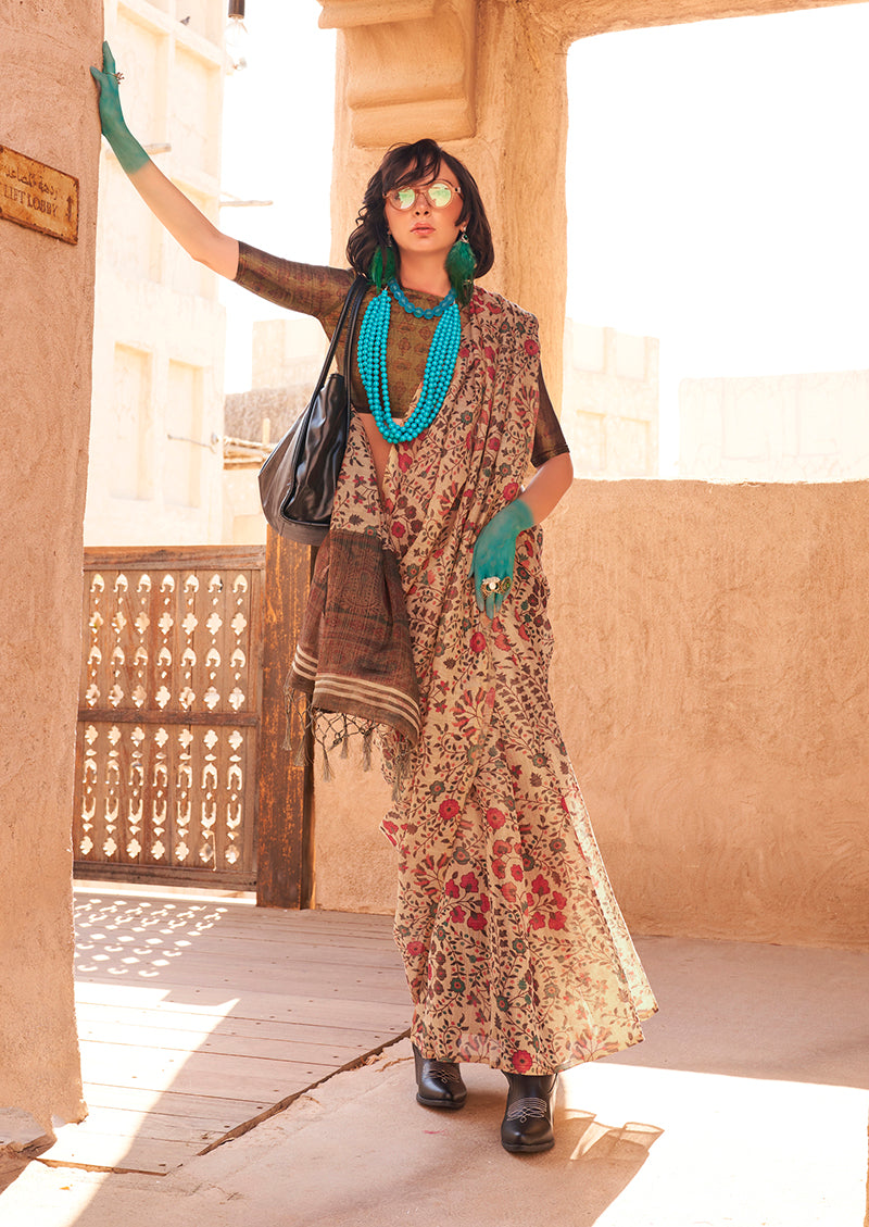 Monjolika Fashion Stunning Beige Colour Printed Tissue Designer Saree